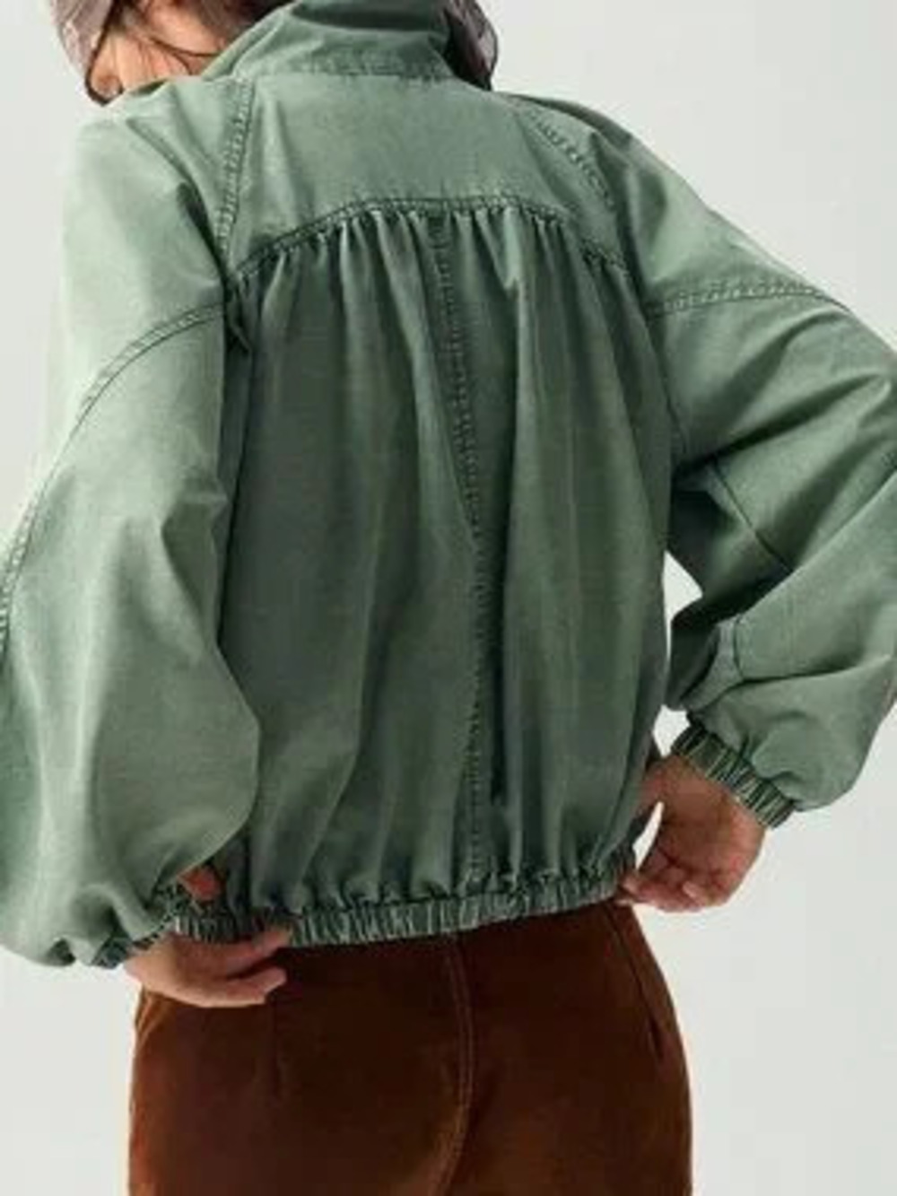 Green Casual Women's Woven 3/4 Sleeve Loose Fit Washed Jacket